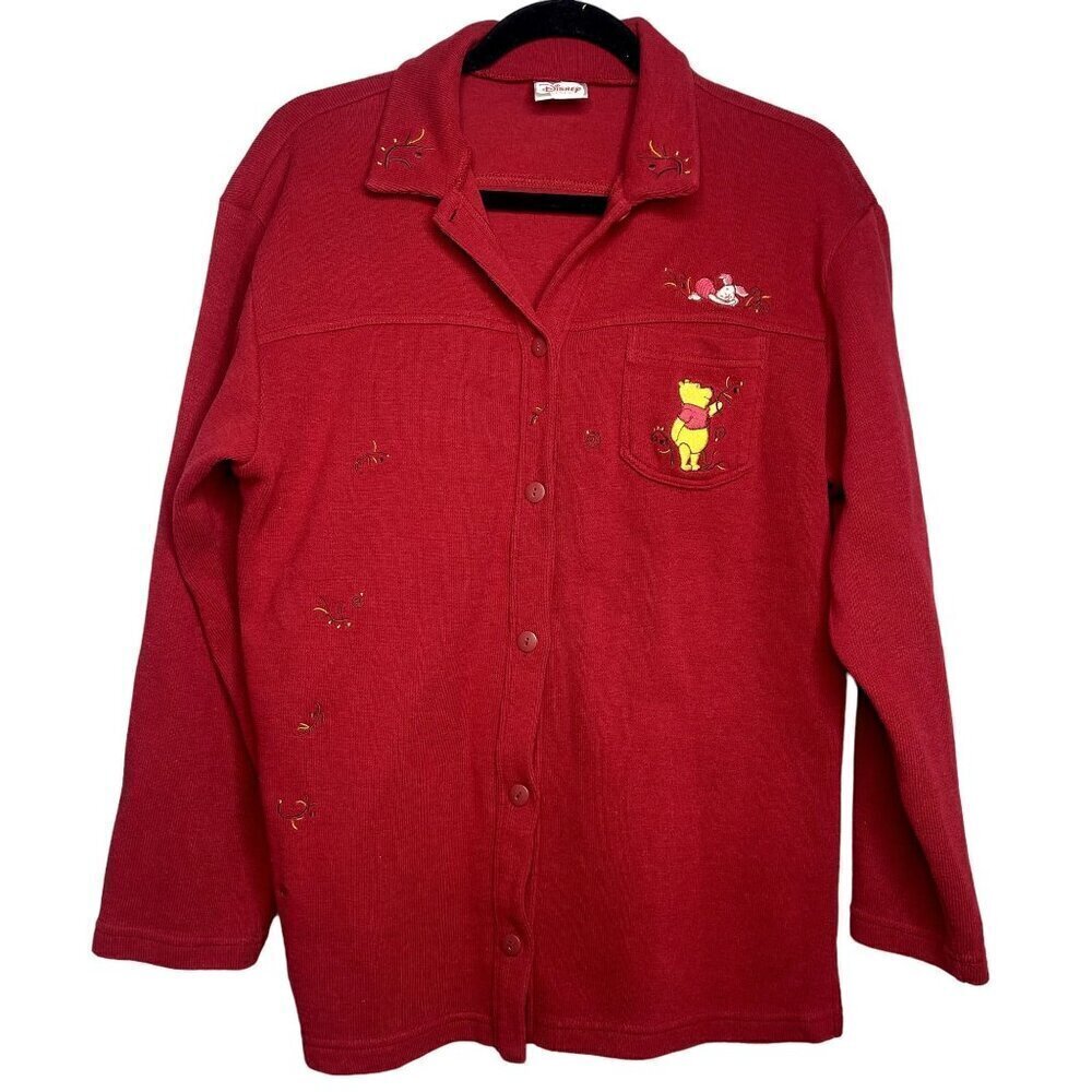 Disney Womens Winnie the Pooh Piglet Embroidered Ribbed Sweater SZ L Red Button